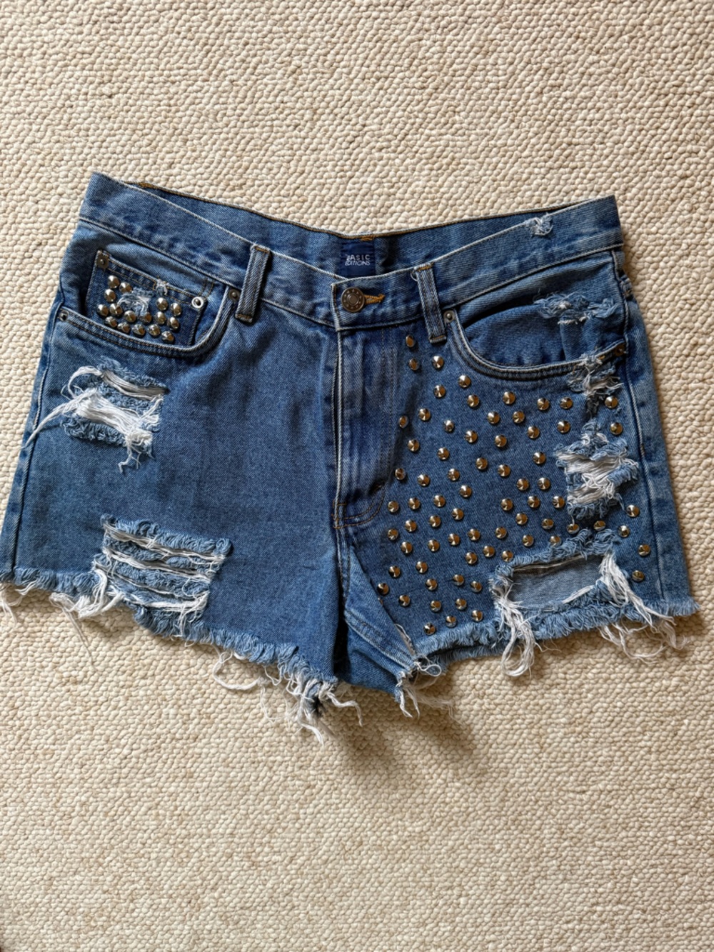 Basic Editions Distressed Denim Shorts with Brass Studs